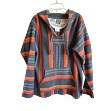 Original Senor Lopez Baja Hoodie Sweatshirt Large Gray Orange Striped Mexico