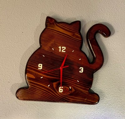 Custom handmade brown kitty cat Douglas Fir  wooden wall clock