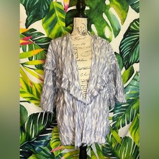 Anthropologie OSFM Blue White Fringe Open Boho Festivsl Vacation Summer Kimono
