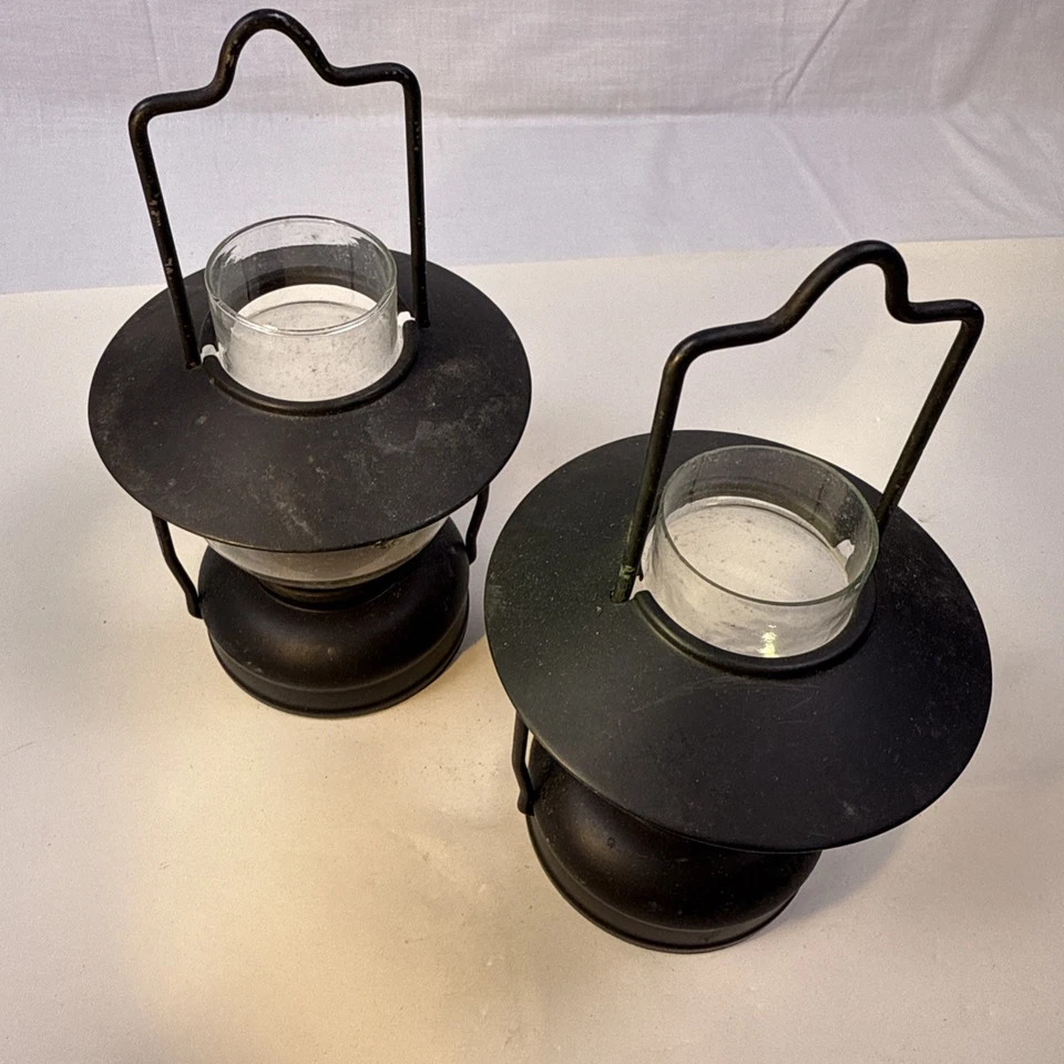 Par de candelabros estilo granja huracán linterna de metal negro. "7"" de alto" Foto 2 de 4