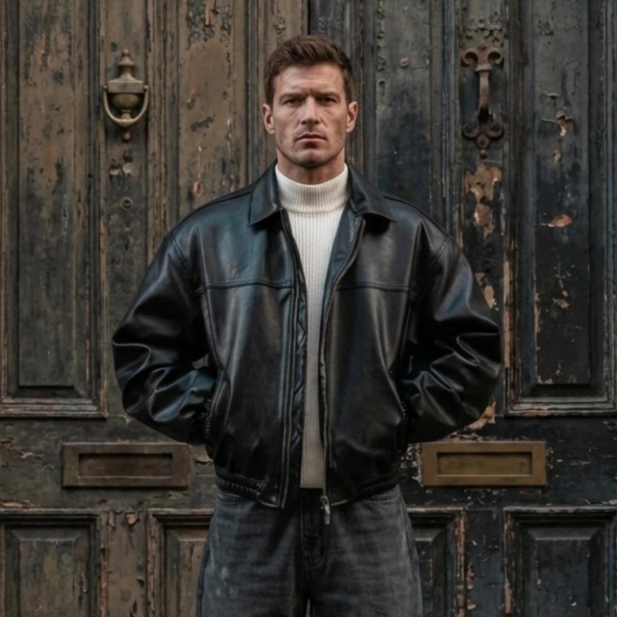 Men’s Black Leather Bomber Jacket – 90s Retro Streetwear Style