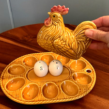 Vintage Handmade Chicken Deviled Egg Tray Salt Pepper Hen Egg Farmhouse OOAK