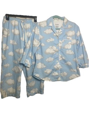 Nick and Nora HTF Vintage 100% Cotton Clouds Capri Pajama set with ruffles Small