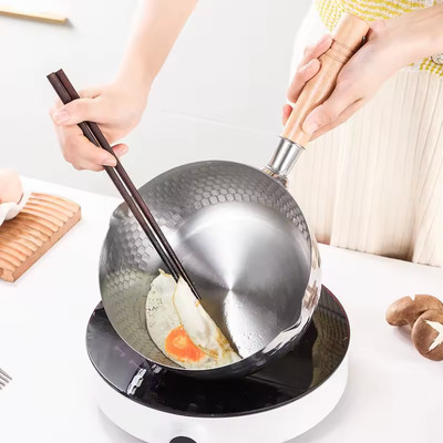 Edelstahlpfanne Japanische Schneepfanne Holzgriff Deckel Schmortöpfe Bratwok 22cm