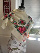 Wool Ukraine Shawl With Roses And Blue Yellow Flowers
