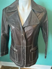 Women's Brown Leather Button Front Jacket Contrast Stitching Collared Pockets