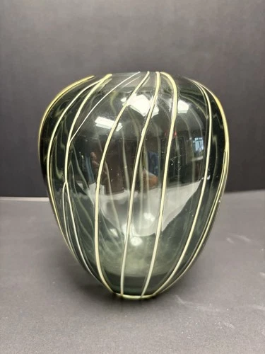Vintage Hand Blown Murano Style Art Glass Vase – Smoky Green with Ribbon Swirl
