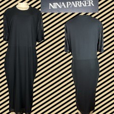 Nina Parker +3X Black Mesh Lined Crew Neck Short Mesh Sheer Sleeve Midi Dress