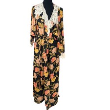 Natori vintage 90's silk floral lace long kimono robe Romantic Cottage Core