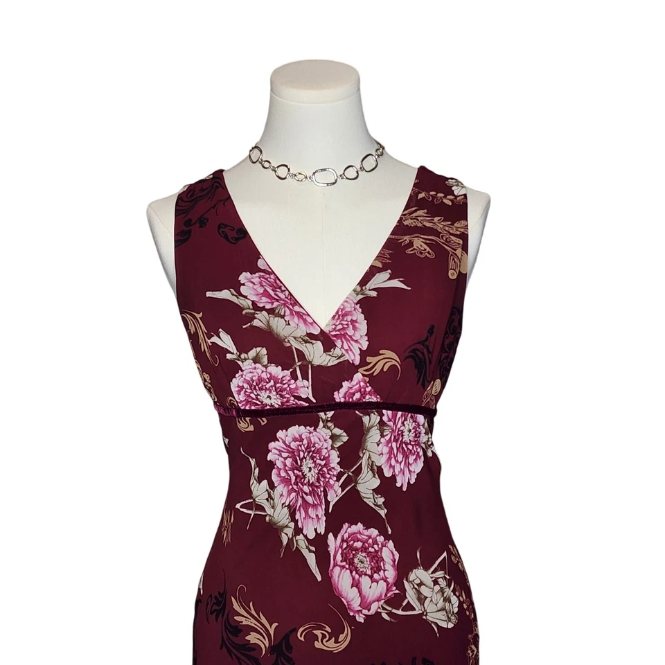 Vestido De Colección Años 90 Y2k Rojo Granate Gótico Floral Sin Mangas Cuello en V Gasa Malla Talla S Foto 2 de 4