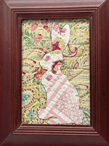 Handmade Textile Bunny Easter Art In Shabby Frame Vtg English Cutter Quilt Piece - Picture 4 of 9