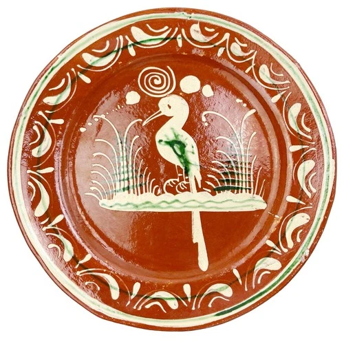 Vintage Mexican Bandera Plate Tlaquepaque Pottery Bird Redware Terracotta Mexico