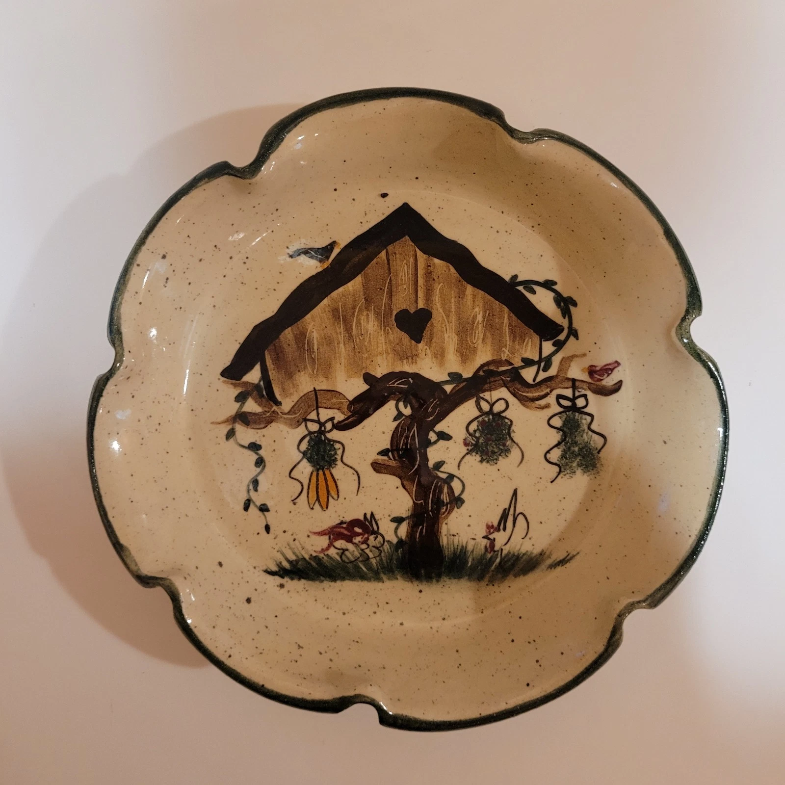 G Miller Hand Painted Birdhouses Pottery Pie Dish Ruffled Edge 8" Signed