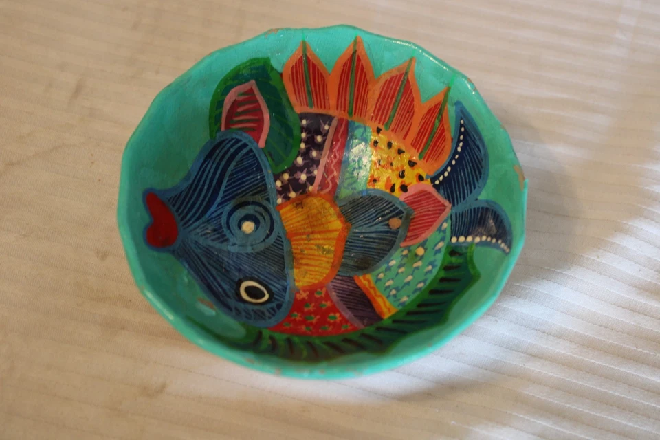 Vintage Small Clay Dip or Trinket Bowl, Green With Fish, Hand Made Unique - Image 2 of 3