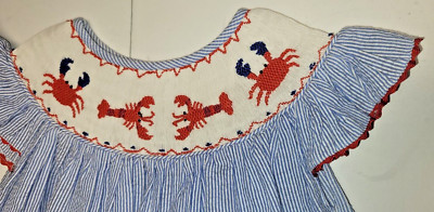 Molly Pop Smocked Dress Girl's Size 5 Blue and Red Ocean Lobster New W/O Tag