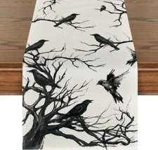 Silhouette Tree Crows Halloween Table Runner, Branches Fall Kitchen Dining Table
