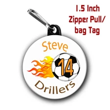 Two 1.5 Soccer Zipper Pull/Bag Tag Personalized with Name, Number, Team colors