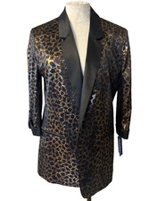 Nygard Jacket M Medium Black Brown Gold Animal Print Rolled Cuff Lightweight Nwt