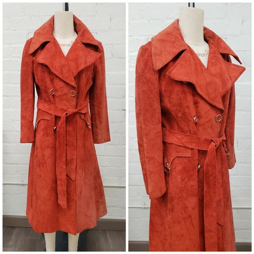 Vintage 70s Red Orange Mod Suede Leather Trench Co