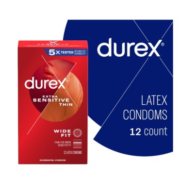 Durex Extra Sensitive Lubricated Ultra Thin Latex Condoms-WIDE fit - 12 ct 03/27
