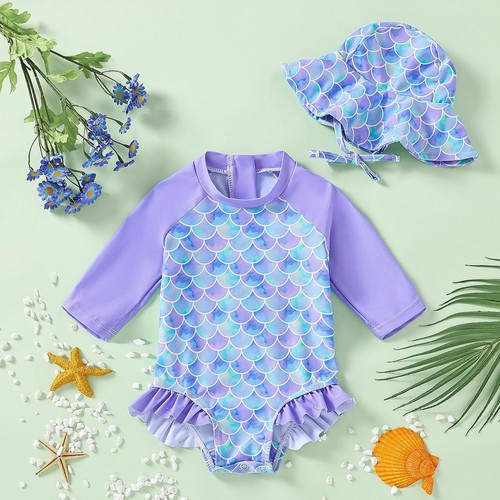 Baby Girl Swimsuit Long Sleeve One Piece Rash Guard with Sun Hat Zipper Bathi... - Picture 2 of 7