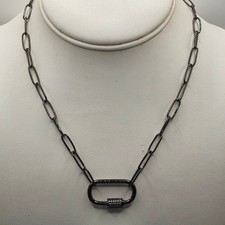 Gunmetal Paperclip Chain Necklace Carabiner Screw Lock Pave Crystal Charm