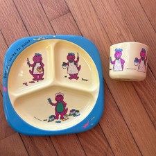 Vintage 1992 Barney Childrens Dishes Divided Plate and Cup Melamine