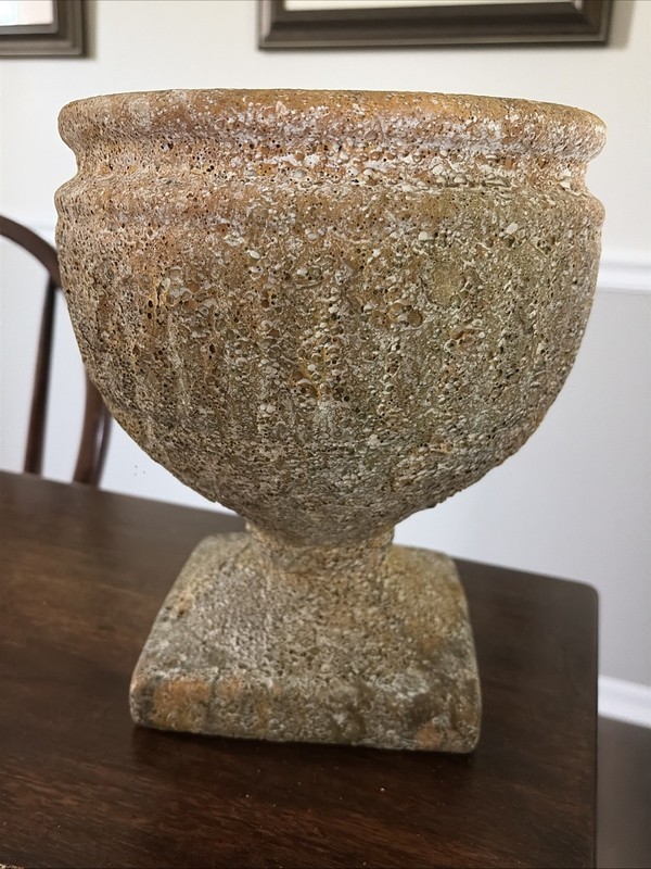 Heavy Footed Pedestal Flower Pot Planter Ceramic Aged Patina Fluted Ribbed Sides