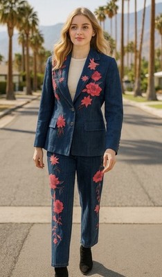 ESCADA MARGARETHA LEY Vintage 70 EMBROIDERED DENIM SUIT 6/8 JACKET AND PANTS  15