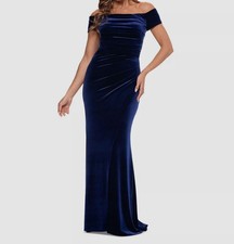 XSCAPE Women's Blue Velvet Off-the-Shoulder Evening Gown Dress Size 14