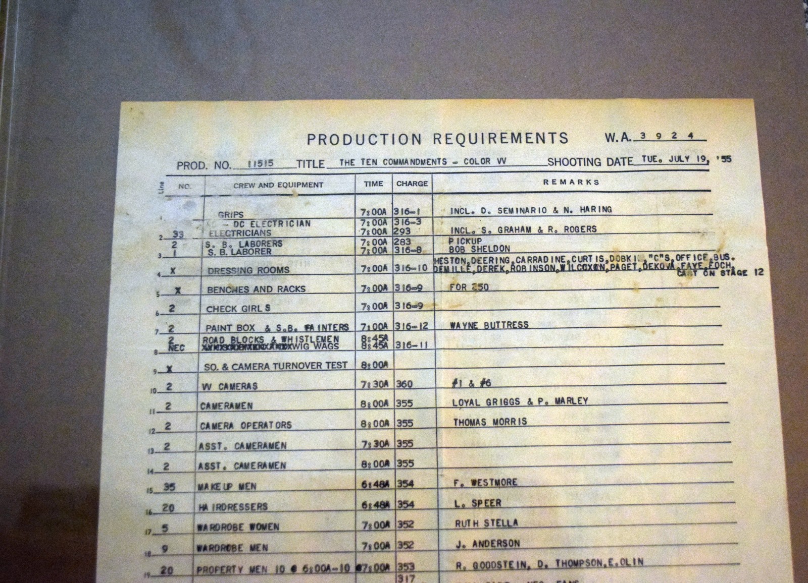 Charlton Heston signed Ten Commandments Production CALL SHEET Calf Scene READ
