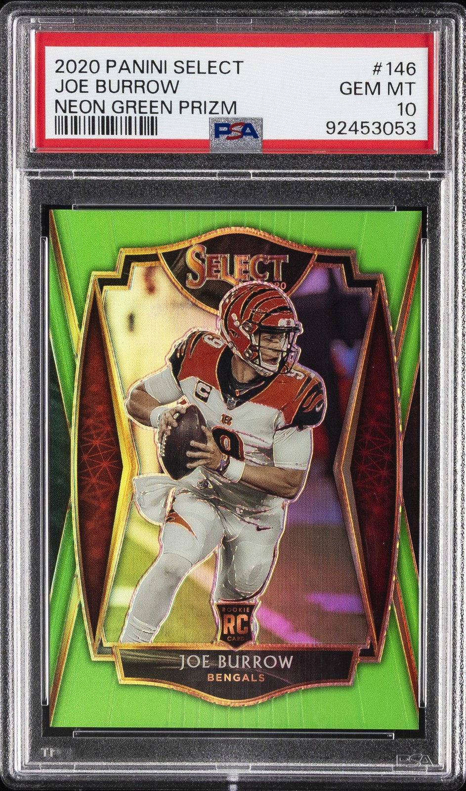 2020 PANINI SELECT NEON GREEN PRIZM #146 JOE BURROW 7/49 PSA 10