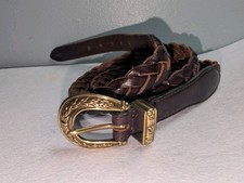 VTG Talbots Women's L Brown Genuine Leather Braided Plaited Woven Belt 33"