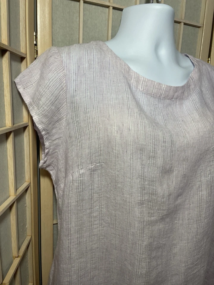 Vestido FLAX M Lino Rosa Lavanda Rayas Manga Corta Hasta la Rodilla Foto 3 de 4