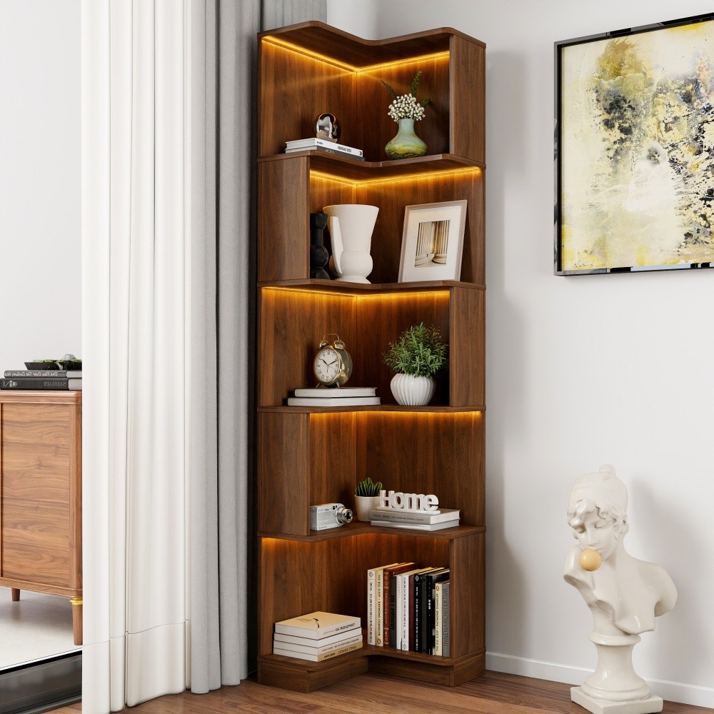 Corner Book Shelf -5Tier Corner Bookshelf Bookcase with Baff