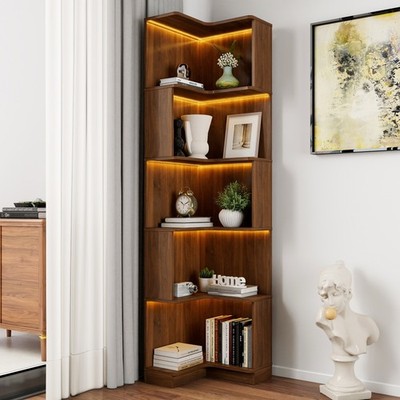 Corner Book Shelf -5Tier Corner Bookshelf Bookcase with Baffle with led lights W