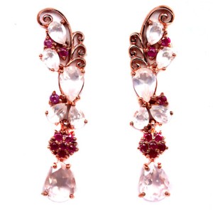 Authentic Rose Quartz & Ruby Dangle Earrings 925 Sterling Silver Rose Gold Plated
