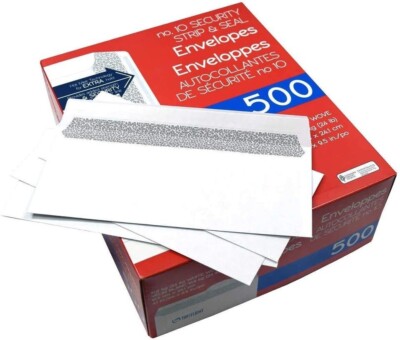 Top Flight PSTF10NWT #10 Envelopes, Strip & Seal, Security Tinted, White Paper
