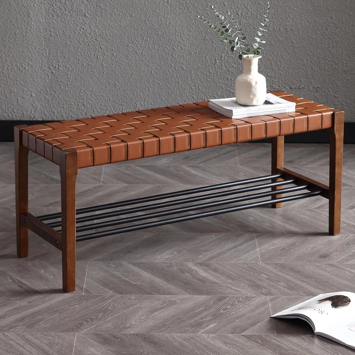 LZAREAL Rustic Wood Entryway Bench 45 Inch Woven Bench Indoor