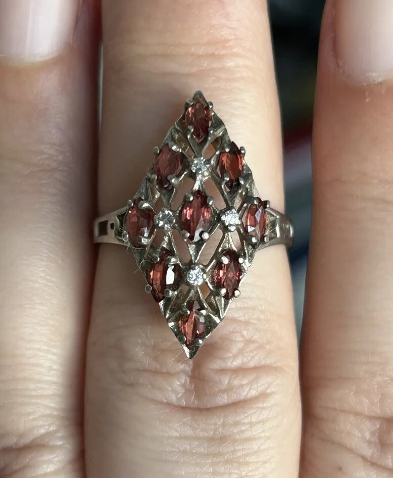 Signed JED 925 Sterling Silver Filigree Red Garnet Gemstone