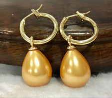 Huge 12x16mm Natural Golden South Sea Shell Pearl Dangle Earrings AAA
