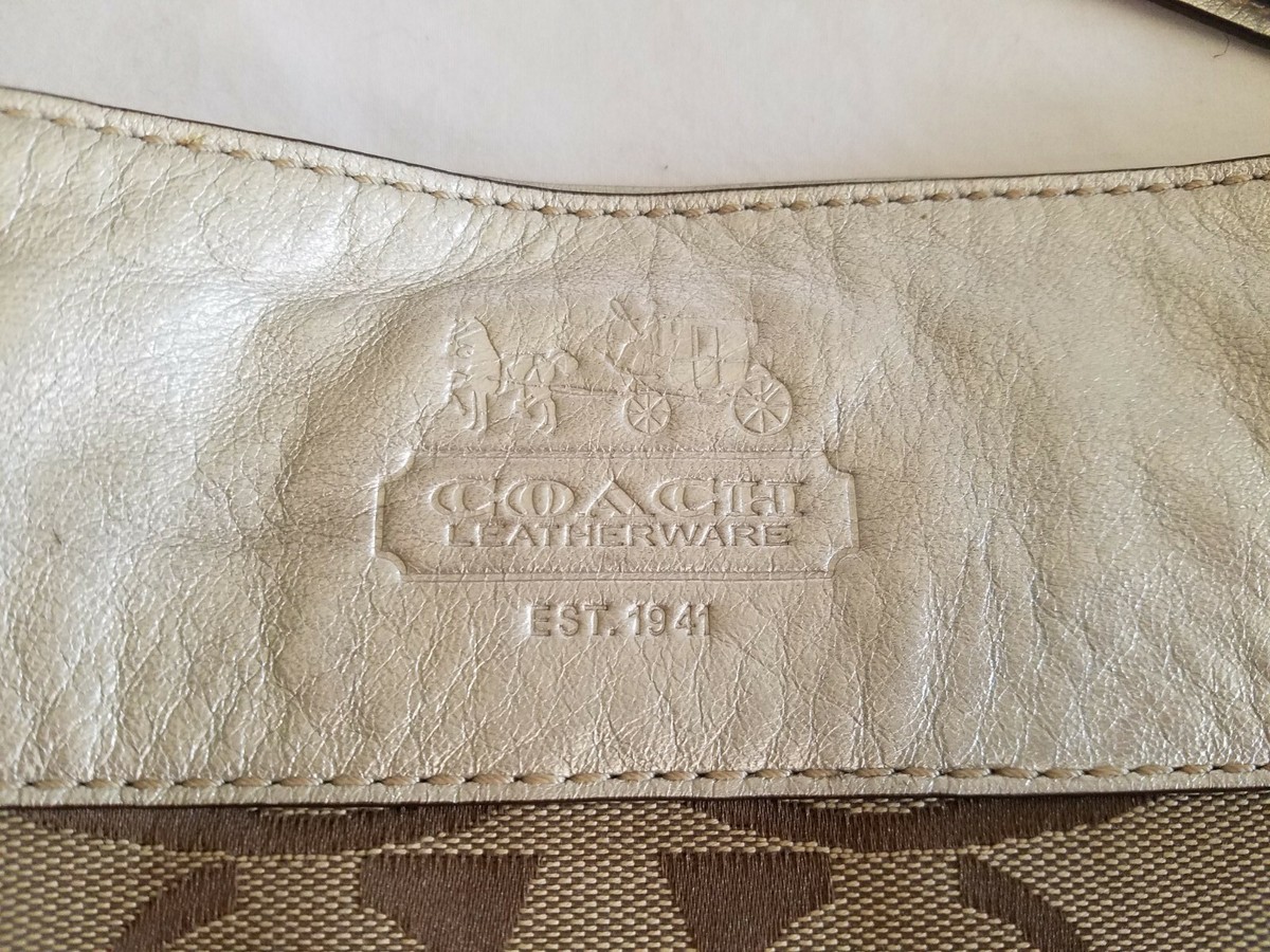 Coach Zoe Metallic Silver Leather Brown Tan Jacquard Handbag Purse