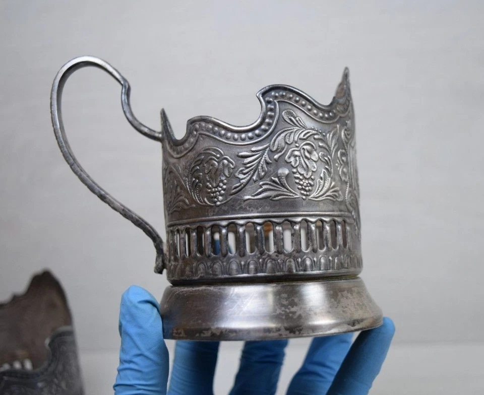 Vintage 3 USSR PODSTAKANNIK Glass Cup Holder Russian Space Age Program Sputnik - Image 4 of 4