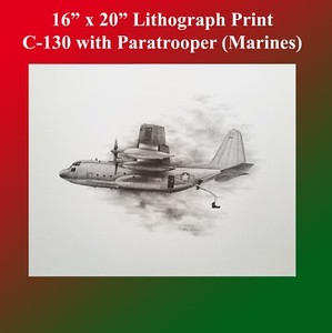 C-130 Hercules Parachute Jumper Marines Lithograph Print 16" x 20" Beautiful!