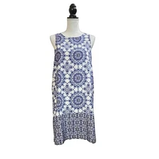 Everly Women's Blue White Large Shift Dress Floral 100% Polyester Back Zip