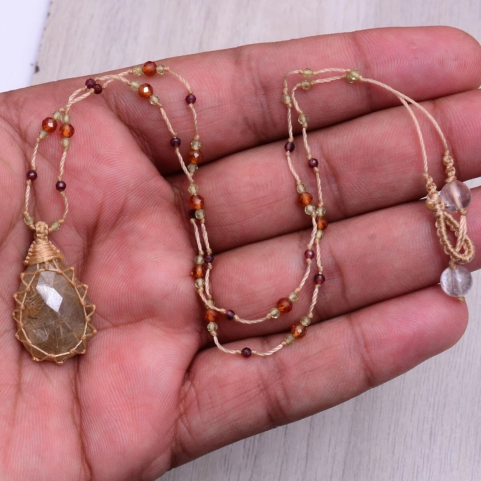 Natürlich Rutil Quarz Erstklassiges Checker Schliff Makramee Perlen Handgemacht - Bild 2 von 4