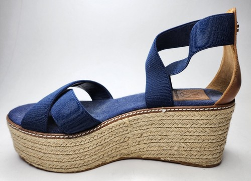 Sandalias alpargata Tory Burch Freida de lona de cuero azul plataforma para mujer talla 10 - Imagen 3 de 13