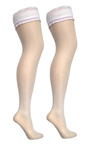 White Micronet Plain Top Hold Ups With Pink Dash Top One Size - Picture 3 of 4