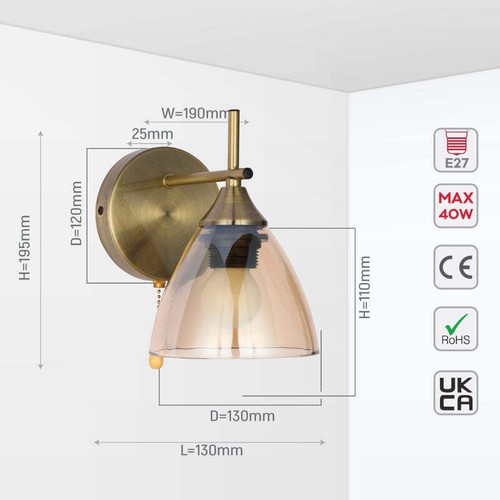 Modern Cone Glass Wall Light E27 with Pull Down Switch TEKLED - Picture 12 of 29