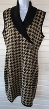 Calvin Klein Sz LARGE Black Khaki Houndstooth Shawl Collar Knit Dress EUC